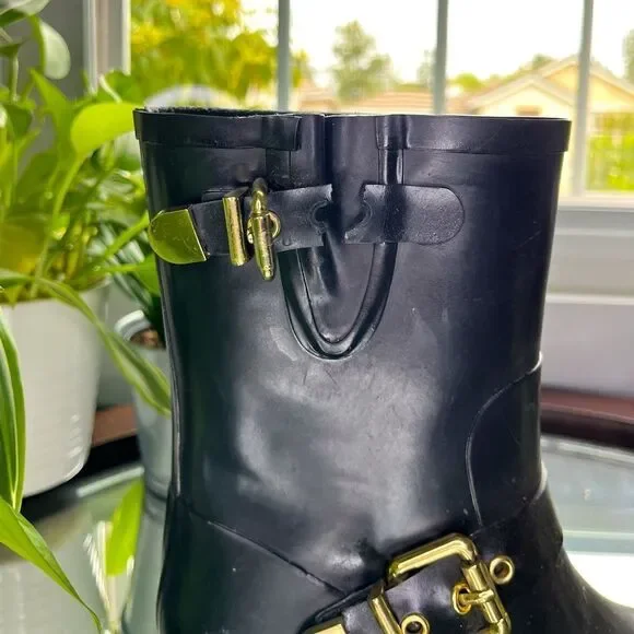 Vince Camuto Rain Boots With Gold Accents Rubber and Black Boots Size 6​​​ - Picture 7 of 14